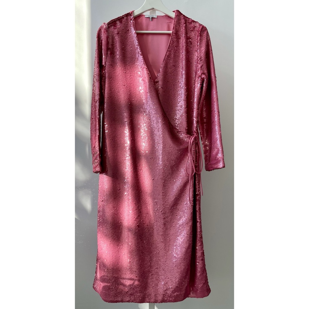 Ganni Sequined Wrap Dress in Pink
